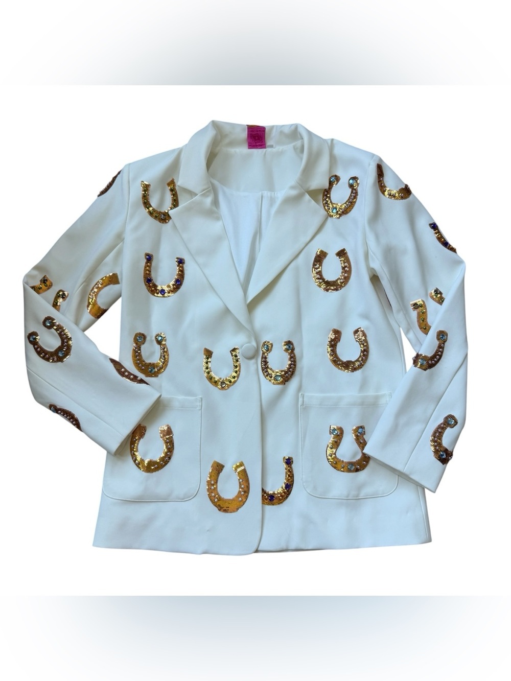 RARE Queen of Sparkles White Sequin Horseshoe Blazer Lucky Western Glam Jacket L